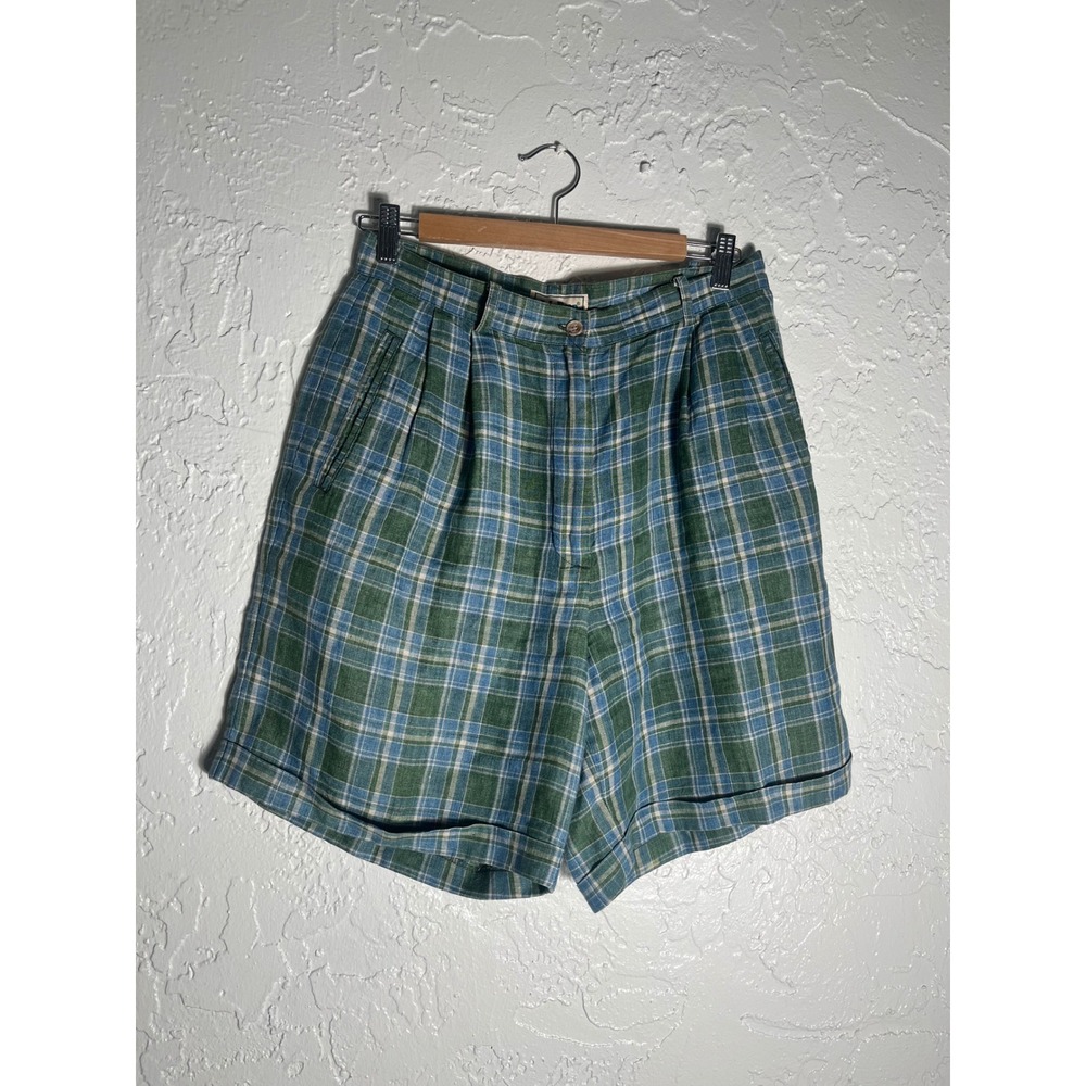 Vintage L.L.Bean 100% Linen Plaid Pleated Bermuda Shorts Women's 12